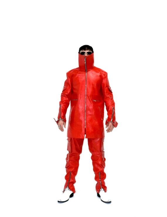 The DON” High Collar/Long sleeve leather coat | Red |