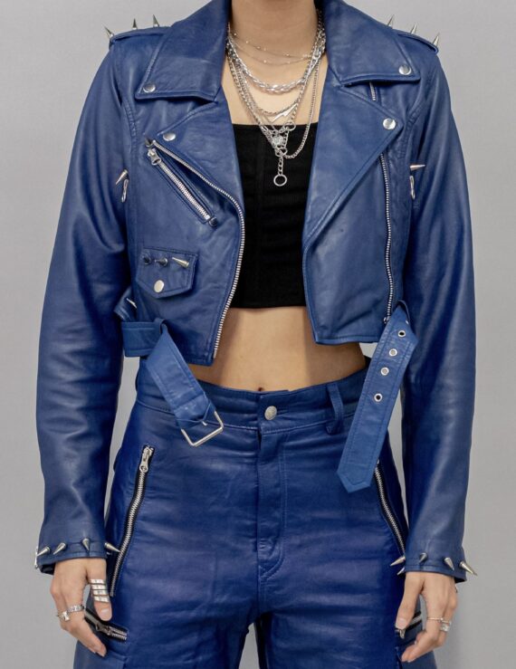 Premium blue leather cropped biker jacket